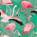 Tropical Flamingo seamless vector summer pattern with Golden Palm Leaves. Bird and Floral background for wallpapers Royalty Free Stock Photo