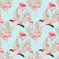 Tropical Flamingo seamless vector summer pattern with golden palm leaves. Bird and Floral background for wallpapers Royalty Free Stock Photo