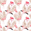 Tropical Flamingo seamless vector summer pattern with golden palm leaves. Bird and Floral background for wallpapers Royalty Free Stock Photo