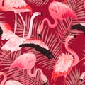 Tropical Flamingo seamless vector summer pattern with Golden Palm Leaves. Bird and Floral background for wallpapers Royalty Free Stock Photo