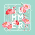 Tropical Flamingo vector summer flyer, banner with peony flowers background. Floral and Bird Graphic for wallpaper, web Royalty Free Stock Photo