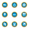 Tropical flight icons set, flat style