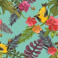 Tropical flora background with birds and bees