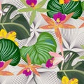 Tropical flora and leaves vector pattern, repeating Monstera leaves, Orchid flower, and Calathea Orbifolia leaves with abstract Royalty Free Stock Photo