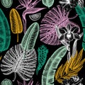 Tropical flora seamless pattern. Tropical plants, exotic flowers, citrus fruits, palm leaves sketches background. Hand drawn Royalty Free Stock Photo