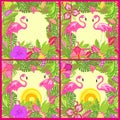Tropical backgrounds variation with pink flamingos, tropical leaves, hot sun and exotic flowers for fashion labels, Tshirt, summer