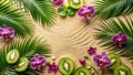 Tropical Floral Border With Kiwi Slices on Sandy Background