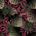 Tropical floral 3d seamless pattern. Colorful dark tropic plants background. Exotic beautiful orchids flowers, palm leaves. Repeat