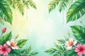Tropical floral frame lush greenery and delicate hibiscus blossoms on a soft aqua background. Generative AI Royalty Free Stock Photo