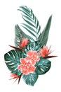 Tropical floral greenery wedding bouquet composition. Bunch of bright pink red camelia bird of paradise flowers.