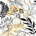 Tropical floral hand drawn seamless pattern with chains flowers leaves branches. Vector ornamental drawing background. Beautiful Royalty Free Stock Photo