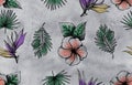 Tropical floral and leaf pattern grey background