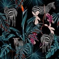 Tropical floral leaves, blue palm banana tree and exotic flowers, zebra wildlife animal floral seamless pattern on black backgroun Royalty Free Stock Photo