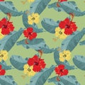 Tropical floral and leaves seamless pattern background with exotic Hibiscus and bannana leaves