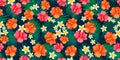 Tropical floral seamless pattern with bright hibiscus, white, yellow frangipani and dark color fern leaves background illustration Royalty Free Stock Photo