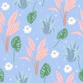 Tropical floral seamless pattern. Cute background with daisy flowers and monstera leaves