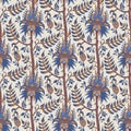 Tropical floral seamless pattern in indian styly. Stylized fantastic flowers and branches in rows and lines in oriental style