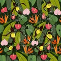 Tropical floral seamless pattern. Outline panthera Flower anthurium red pink orchid flower green leaves nature Royalty Free Stock Photo