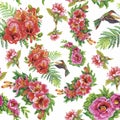 Tropical floral watercolor seamless pattern with colibris and flowers. Watercolor painting.