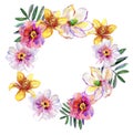 Tropical floral wreath bouquet, drawn in watercolor, isolated on white.