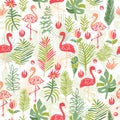 Tropical flower and flamingo seamless pattern Royalty Free Stock Photo