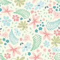 Tropical flower and leaf pattern design in pastel colours. Pretty vector tossed nature seamless repeat background.