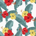 Tropical flower and leaves vector pattern, repeating banana leaves and yellow and red hibiscus flowers. Royalty Free Stock Photo