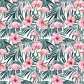 Tropical flower, Palm leaves and flamingo bird watercolor summer Seamless pattern. Exotic background hand drawn flora