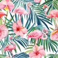Tropical flower, Palm leaves and flamingo bird watercolor summer Seamless pattern. Exotic background hand drawn flora