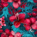 Tropical flower paradise vibrant seamless pattern with hibiscus, orchids, and frangipani