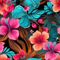 Tropical flower paradise vibrant seamless pattern with hibiscus, orchids, and frangipani