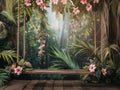 , Tropical flowers background , newborn backdrop with hanging swing with fur or flowers Royalty Free Stock Photo