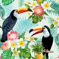 Tropical Flowers and Birds Background