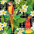 Tropical Flowers and Birds Geometric Background