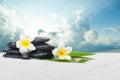 Tropical flowers and black stones ready for healthy therapy and clouds with sunlight. Health objects on white marble table Royalty Free Stock Photo