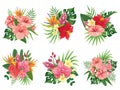 Tropical flowers bouquet. Exotic palm leaves, floral tropic bouquets and tropicals wedding invitation vector