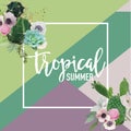 Tropical Flowers and Cactus Summer Banner, Graphic Background, Exotic Floral Invitation, Flyer or Card. Modern Front Page