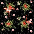 Flower autumm leaf and Pattern Plaid backgroundtropical flowers with flamingo birds pattern white background