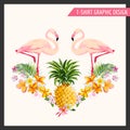 Tropical Flowers and Flamingo Graphic Design Royalty Free Stock Photo