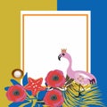 Tropical Flowers And Flamingo Summer Banner, Graphic Background, Exotic Floral Invitation, Flyer Or Card. Modern Front