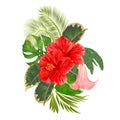 Tropical flowers floral arrangement, with pink hibiscus and Brugmansia palm,philodendron vintage vector illustration