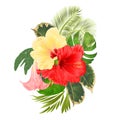 Tropical flowers floral arrangement, with red and yellow hibiscus and Brugmansia palm,philodendron vintage vector illustration