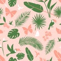 Seamless floral pattern background Tropical flowers, jungle palm leaves birds Royalty Free Stock Photo