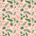 Seamless floral pattern background Tropical flowers, jungle palm leaves birds Royalty Free Stock Photo