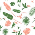 Seamless floral pattern background Tropical flowers, jungle palm leaves birds Royalty Free Stock Photo