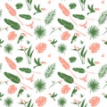 Seamless floral pattern background Tropical flowers, jungle palm leaves birds Royalty Free Stock Photo