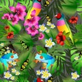 Tropical flowers and leaves and beautiful bird seamless pattern Royalty Free Stock Photo