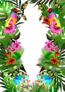 Tropical flowers and leaves and beautiful butterfly, bird and fr