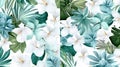 tropical flowers and leaves on blue background template Royalty Free Stock Photo
