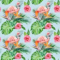 Tropical flowers, leaves and flamingos. Exotic flora, watercolor illustration seamless pattern, wallpaper